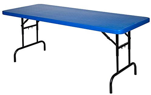 OEF Furnishings OEFBTA-3072-04 Adjustable-Height Commercial-Grade Premium Industrial Folding Table, 6-Foot Pedestal-Leg Design with 17-Gauge Steel Frame and Thick Double-Wall Top (72 × 30, Blue Top)