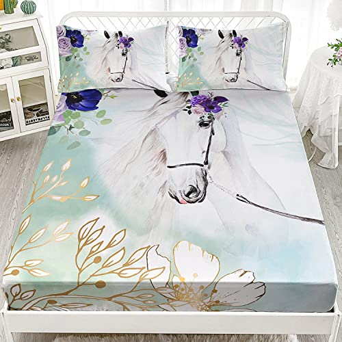 XYNHML Kids Horse Sheet Set Galloping Horse Printed Fitted Sheet 3PC Flower Sheet Set 3D Wild Animal Bed Cover for Kids Boys Girls