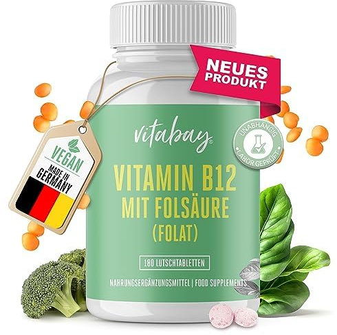 Vitabay Vitamin B12 500 µg Lutschtabletten hochdosiert mit Folat - 180 vegane Tabletten - Vitamin B12 Folsäure Vitamin vegan Methylcobalamin Vitamin B12 hochdosiert Tabletten Vitamin B 12 Vitamin