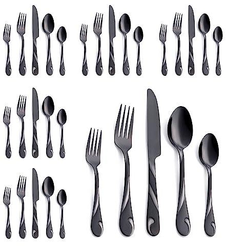 Seeshine Set di argenteria nera per 6 persone, set di posate in acciaio inox da 30 pezzi, set di posate in metallo nero lucido, incluso set di forchette, coltelli e cucchiai