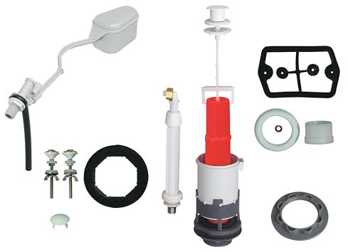 Wirquin 10724086 Chasse d'eau wc complète mécanisme simple chasse à tirette MXS & robinet flotteur à levier latéral F12, gris et rouge