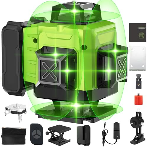 Laser Level, 4 x 360° 16 Lines Green Laser Level Self Leveling, Horizontal & Vertical Cross Line Laser Spirit Level for Indoor Outdoor, with 1 x 4800mAh Battery, Remote Controller, Charger and so on