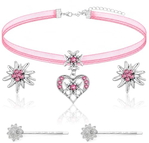 Juego de joyas para traje regional, cadena para traje regional con colgante de corazón de edelweiss con brillantes de edelweiss, pinzas para el pelo y pendientes de edelweiss