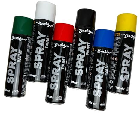 Bastelzone Sprayfarben-Set: 6 Farben je 200 ml. Schnelltrocknende Graffiti-Sprühdosen für Holz, Stein, Metall, Glas. Schwarz, Weiß, Blau, Grün, Rot, Gelb
