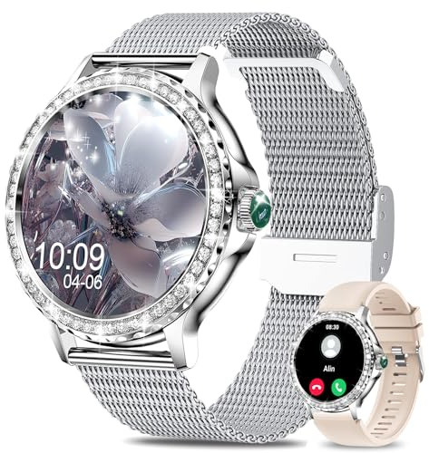 Smartwatch-Kvinnor - 1,3 Skärm Smartklocka, Ringa/Svara Samtal, 7/24 Timmars Pulsmätare, Blodsyre, Stegräknare, Sömnmätare, Vattentät Enligt IP68, Smartklocka för Android iOS, Silver