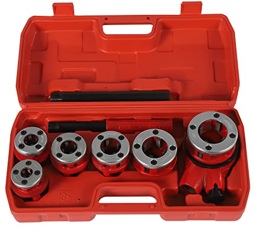 Ratchet Pipe Threader kit, rörmokare rörgängsats manuell rörgänga verktyg 6 matriser 1/4 tum, 3/8 tum, 1/2 tum, 3/4 tum, 1-1/4, för installation av vatten- och gasledningar