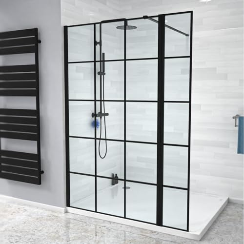 Nes Home Black Grid 1000mm Shower Screen 8mm Tempered Glass & 300mm Return Panel