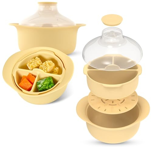 FIRGI 48oz Platinum Silicone 3 Compartmented Microwave Steamer Pot with Handle & Lid - Korean 100% Food-Grade Steamer Bowl, Heat-Resistant Cooker with Steam Holes, Easy Clean, Dishwasher Safe, Yellow