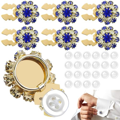 6Pcs Button Covers with Rhinestones Gold & Blue, Sewing Button Covers Decor for Women Blouses Shiny & Exquisite DIY Craft Decoration Supplies, Suitable for Sewing Decoration