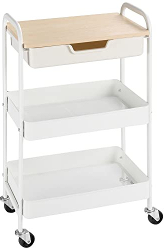 HOMCOM Carrello Cucina Multiuso a 4 Ripiani, Carrellino Cucina Salvaspazio con 2 Cestini, un Cassetto, Piano d'Appoggio in Legno, Maniglia in Acciaio e Ruote a Freni, per Soggiorno Salotto, Bianco