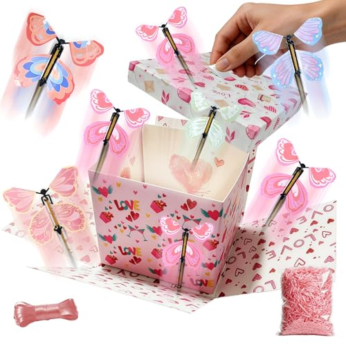 Butterfly Explosion Gift Box, 8Pcs Flying Butterflies Exploding Surprise Box,Creative DIY Pop Up Gifts Boxes for Valentine's Day Birthday New Year Anniversary Presents (Pink White)