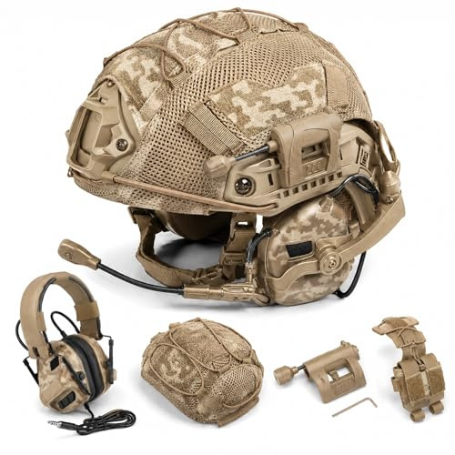FmedRBC Tactical Helmet Set With Comms Headset And Mesh Cover, Adjustable Modular Protection System With Detachable Boom Mic, Counterweight Pouch For Airsoft, Paintball, Cosplay(Brown)