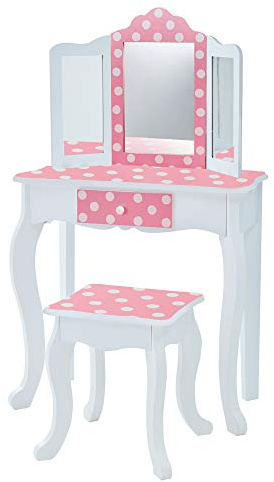 Teamson Kids Princess Gisele Polka Dot Print 2-Piece Kids Wooden Play Vanity Set with Vanity Table, Tri-Fold Mirror, Storage Drawer, and Matching Stool, White with White/Pink Polka Dot Accent