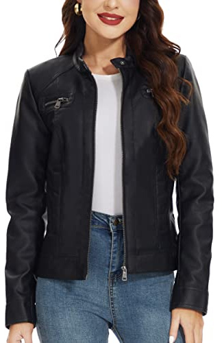 Fahsyee Women's Faux Leather Jackets, Zip Up Motorcycle Short PU Moto Biker Outwear Fitted Slim Coat | Pu Motorcycle Cropped Lightweight Vegan Pleather Fashion