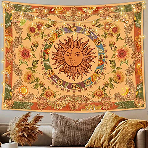 Accnicc Yellow Sun and Moon Tapestry Vintage Indie Boho Tapestry Wall Hanging with Sunflowers Butterfly Moth Constellation Aesthetic Wall Tapestries for Bedroom Dorm Living Room (Orange, 60'' × 50'')