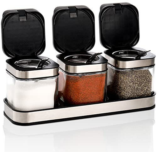 DEAYOU 3 Pack Glass Seasoning Box with Tray, Clear Condiment Canister with 18/10 Stainless Steel Lid and Spoon, Kitchen Spice Pot with Base, Salt Pepper Sugar Storage Container Jar Cruet for Desk