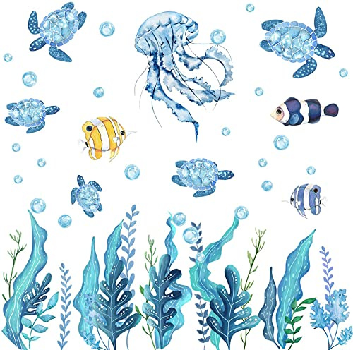 HPNIUB Blue Ocean Turtles Wall Stickers Sea Fish Jellyfish Kids Decor