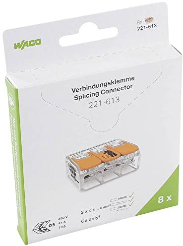 WAGO Lot de 8 bornes de connexion 221-613 - 3 broches - Jusqu'à 6 mm² - Connecteur de câble compact avec levier pour tous les types de conducteurs dans le monde entier - Sécurité d'utilisation