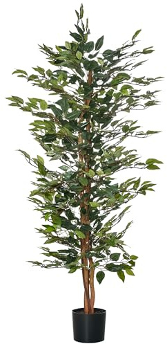 HOMCOM Ficus Artificial con Troncos 150 cm Planta Artificial con Macetas y 1008 Hojas Realistas para Decoración del Hogar Salón Dormitorio Ø60x150 cm Verde