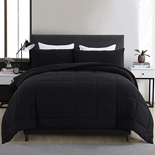 DOWNCOOL Heltäckande set med täcken för alla årstider – sängkläder och set med 2 örngott – 3 delar sängset helt ner alternativt täckeset – svarta sängkläder täcke set full (208 x 218 cm)