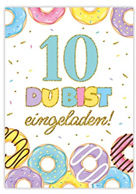 Minkocards 12 Einladungskarten zum zehnten Kindergeburtstag 10. Geburtstag Mädchen Donuts Einladungen zum Geburtstag Kinder bunte Geburtstagseinladungen