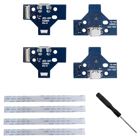 Carte d'interface 4 PCS JdS - 001 et câble ruban 14 broches compatible avec le port de charge de remplacement du Contrôleur sans fil PS4 Pro / PS4 Slim