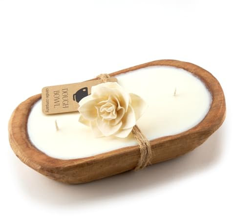 Dough Bowl Candle Co. Gardenia Candle - 100% Soy Candles for Home Scented, 10x6 Large 3 Wick Luxury Home Decor, Aromatherapy Gifts for Summer Spring, Large Decorative White Wax in Wood Bowl, 40H