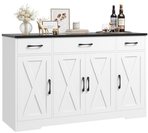 HOSTACK Buffet Sideboard Cabinet with Drawers, 55 Large Buffet Storage Cabinet with Shelves and Doors, Modern Farmhouse Coffee Bar Station Wood Kitchen Table for Kitchen, Dining Room, White/Black