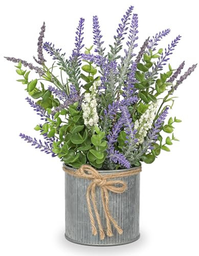 Hollyone Lavanda Artificial en Maceta con Eucalipto - Flor Faux Decorativa, Planta Falsa Moderna de Granja Púrpura para Mesa, Baño, Dormitorio y Cocina