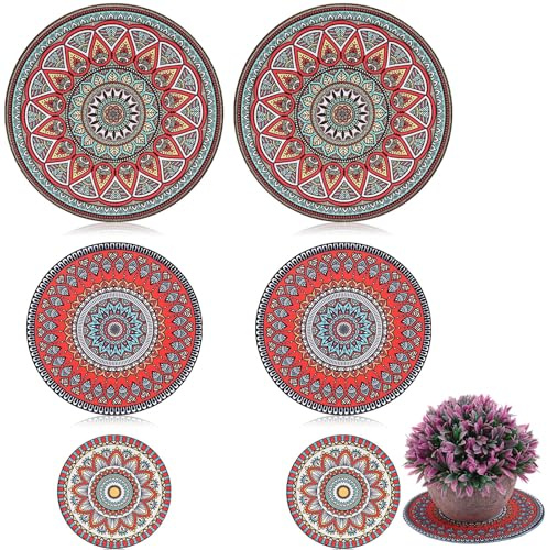 Nuanchu 6 Pcs Boho Plant Pot Mat 3 Sizes Absorbent Non Slip Pots Pad Round Plant Coaster Mat Gardening Indoor Outdoor Flower Plant Protect Mat for Table Desk Floor Plant