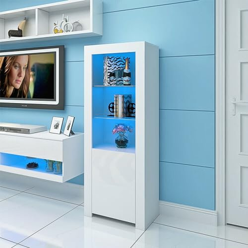 Dripex High Gloss LED Sideboard, 160cm Tall Cabinet Cupboard Stoarge Unit with 1 Door and 2 Glass Shelves, White Organiser for Living Room, Bedroom, Office
