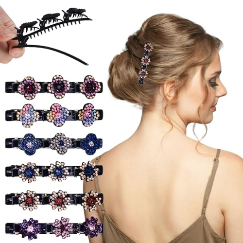 Kiiwah 6 Pièces Barrette à Cheveux avec Fleurs de Cristal, Pinces à Cheveux Tressées Chic en Strass, Double Couche Hair Clips Accessories pour Femme Fille Coiffure