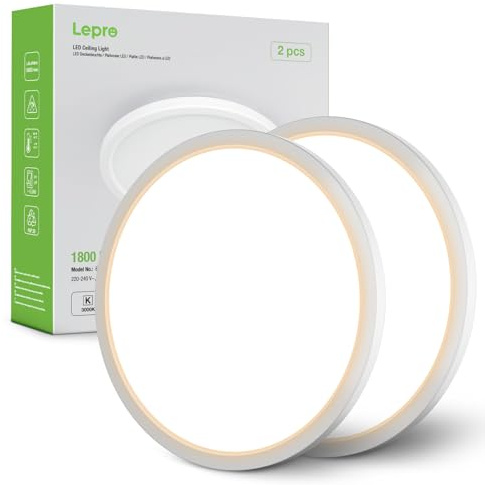 Lepro Lámpara LED Techo Cocina, Blanco Cálido 3000k, 18W 1800LM Pláfon LED Techo, IP44 Impermeable, Ultrafino 2,6cm, Redonda, Luz Empotrada para Baño, Cocina, Dormitorio, Pasillo, Ø22cm, 2 Packs