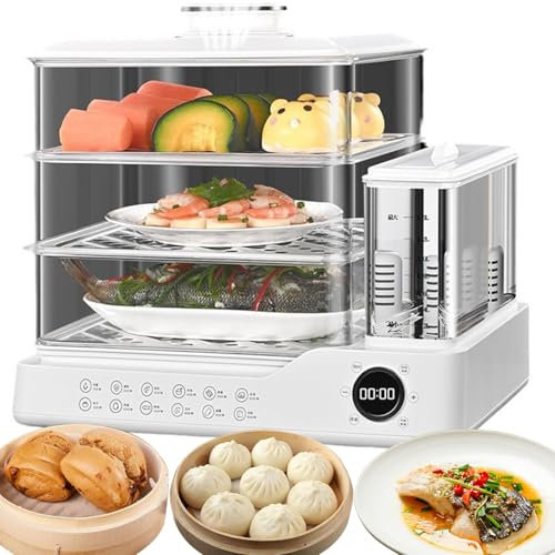 Vaporera Eléctrica 1200W, Vaporera de Vidrio Digital de 1,5L con Vaporera de 3 Niveles, Máquina para Desayuno Multifuncional con Reserva de 12h, 12 Modos de Calentamiento Rápido Vaporera de Alimentos