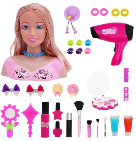 Salyeeluly Tete A Coiffer Enfant | Head pour Coiffure | Tête à Coiffer et Maquiller Jeu de avec Un Sèche-Cheveux À Piles À Batterie Et Maquillage Apprentissage des De Jeu pour Filles