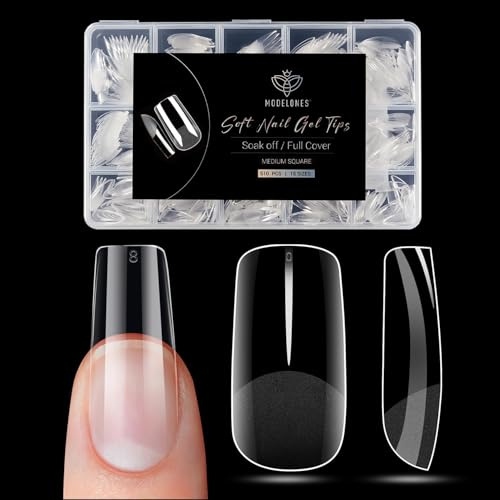 Modelones Medium Square Nail Tips -510Pcs Nail Tips for Gel Extensions Half Matte Full Cover Clear Acrylic Gel Kit False Press on Nails Manicure Salon DIY at Home 15 Sizes