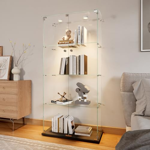 TIMORWTF Vetrina in vetro con LED, armadio vetrina per collezione trasparente, mobile vetrina in vetro con 2 ante a serratura e 4 ripiani vetrine soggiorno bar, 163 x 78,5 x 35 cm, nero