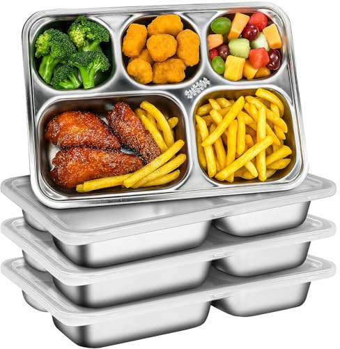 4 Stück Edelstahl Geteilte Teller, Rechteckige Edelstahl Tablett mit 5 Fächer für Kindergarten Schule Buffet, Metall Geschirr Teller Tablett für Erwachsene, Kinder, Picky Eaters, Portion Control