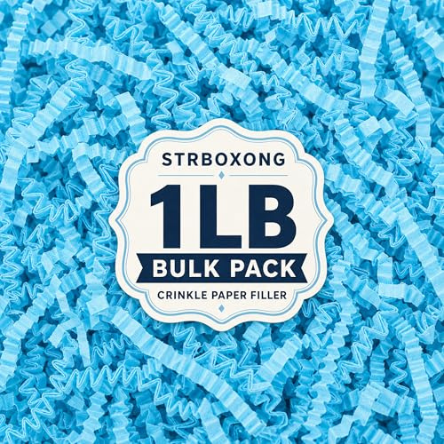 STRBOXONG 455 g skrynkligt klippt papper strimlat fyllmedel – mångsidig presentförpackning och korgfyllning för födelsedagar, bröllop, årsdagar, presentask och väskfyllning (babyblå)