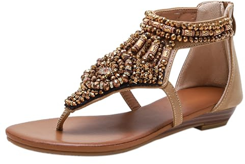 ,Apricot,37 EU,Sandales tongs femme T strap perles compensé zip cheville marche ville voyage resort île loisir date