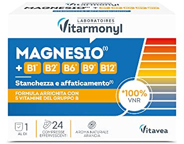 Magnesio e Gruppo B - Con Vitamina B12, Vitamina B6, B1 e B2 - Per il Normale Funzionamento del Sistema Nervoso - Stanchezza Fisica e Mentale - 24 Compresse Effervescenti - Vitarmonyl