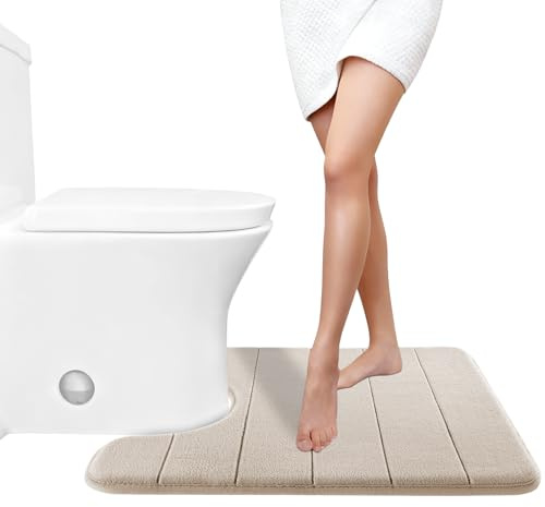 Yimobra Memory Foam Toilet Bath Mat U-Shaped, Soft and Comfortable, Super Water Absorption, Non-Slip, Thick, Machine Wash and Easier to Dry for Bathroom Commode Contour Rug, 24 X 20 Inches, Beige