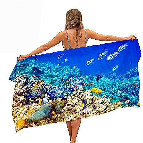 Surwin Strandhandtuch Mikrofaser, Strandtuch Sommer Strandtücher Leicht Schnelltrocknend Sand Proof Saugfähig Handtücher Handtuch für Strand Schwimmen, Ozean Drucken (Blaufisch,80x180cm)