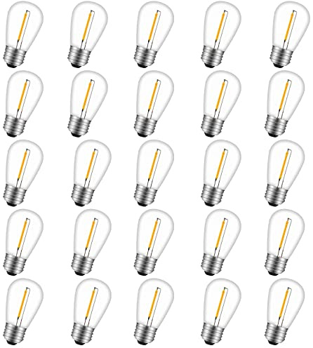 Lxcom Lighting 3V S14 LED String Light 1W Replacement Bulbs Warm White 2700K E26 E27 Medium Base Vintage Edison LED Filament Bulbs Christmas Light Bulb for Patio Outdoor Light Bulbs, 25 Pack