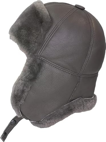 CUCUBA Cappello di Pelle di Montone Shearling Invernale Ushanka Uomo Cappello Pilota Aviatore Sovietico da Neve con Paraorecchie (XL-60)