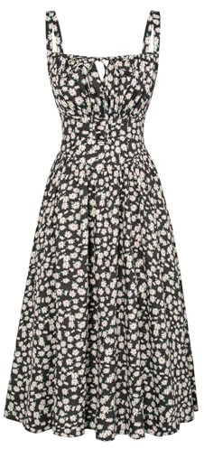 SCARLET DARKNESS Damen Freizeit Maxikleid Elegant mit Schnürung Gesmokt Sommerkleid Schwarz-Gelb Blumen XL