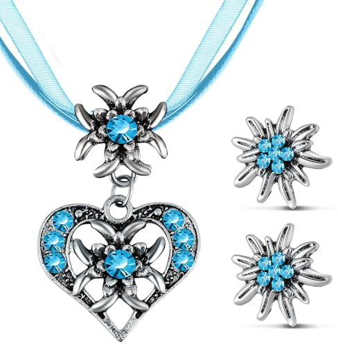 Patelai Set di 3 Gioielli Bavaresi Tradizionali Collana Tedesca con Ciondolo a Forma di Stella Alpina con Strass e Orecchini a Bottone di Stella Alpina per Donna Pantaloni in Pelle Dirndl (Azzurro)