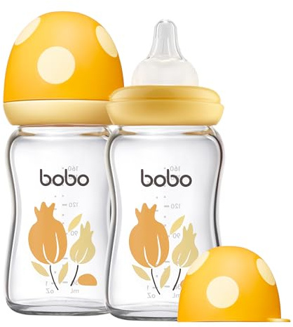 YOHKOH Natural Response Weithals-Babyflasche aus Glas, Anti-Kolik Baby Glas Flaschen mit Ultraweiches Silikon-Sauger, für Neugeborene Babys (Gelb, 160ml (2er Pack))