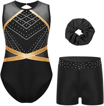 iEFiEL Gymnastikdräkt för flickor, glitter, strass, gymnastikdräkt, danskläder, set med hårband, glänsande leotard och shorts, gymnastik, kläder, svart, 146-152