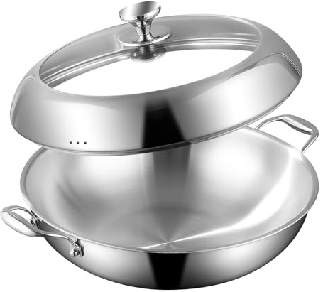 DELARLO Tri-Ply Stainless Steel Wok Pan with Lid 14inch, Healthy Non-Toxic Flat Bottom Induction Wok, Stir Fry Pan for Glass Top Stove Up to 600℉